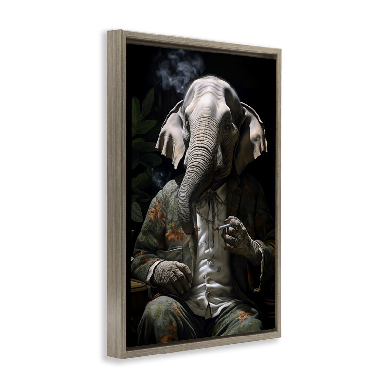 Toile flottante encadrée «Elephant Smoking» par r3darch0n, Cadre flottant orme Montalcino, H 31 po x l 21 po