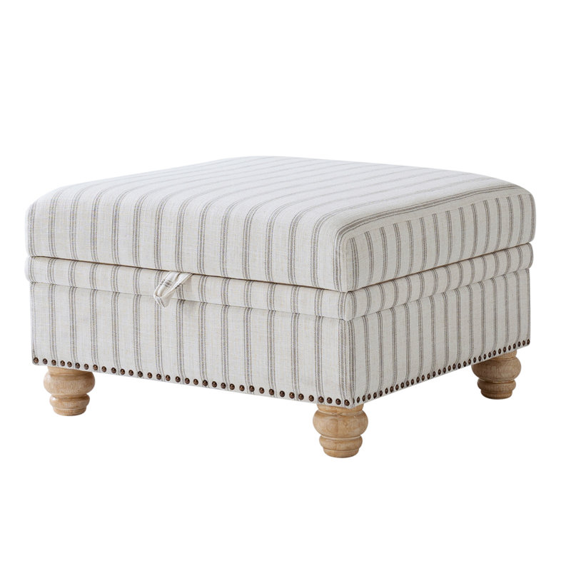 Laura Farmhouse Ottoman with Solid Wood Legs, Beige