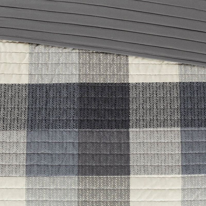 Grey 6 Piece Quilt With Herringbone Print, Buffalo Plaid All Around, Channel Quilting, Machine Washable Pattern, Hand Stitched