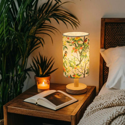 Pressed Floral Table Lamp  LED 3 Color Bedside Vintage Flower Desk Lamp Cute Bird Print Linen Shade With Wood Base For Bedroom Living Room Dorm Home Office Nursery Decor