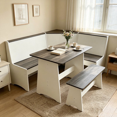 Ensemble de salle à manger de coin en L 3 pièces avec banc de rangement, table de petit-déjeuner d'angle moderne avec rangement dissimulé, mobilier de cuisine pour petits espaces, appartement et maison, fini bois blanc et gris, ensemble de 3 pièces