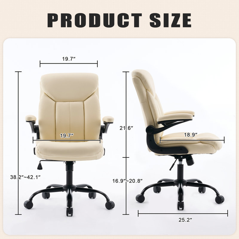 Office Chair, Ergonomic Computer Chair with Flip-up Arms Home Desk Chairs Comfy PU Leather Executive Mid Back Support Adjustable Height Tilt Lock Swivel Rolling Wheels, Cream