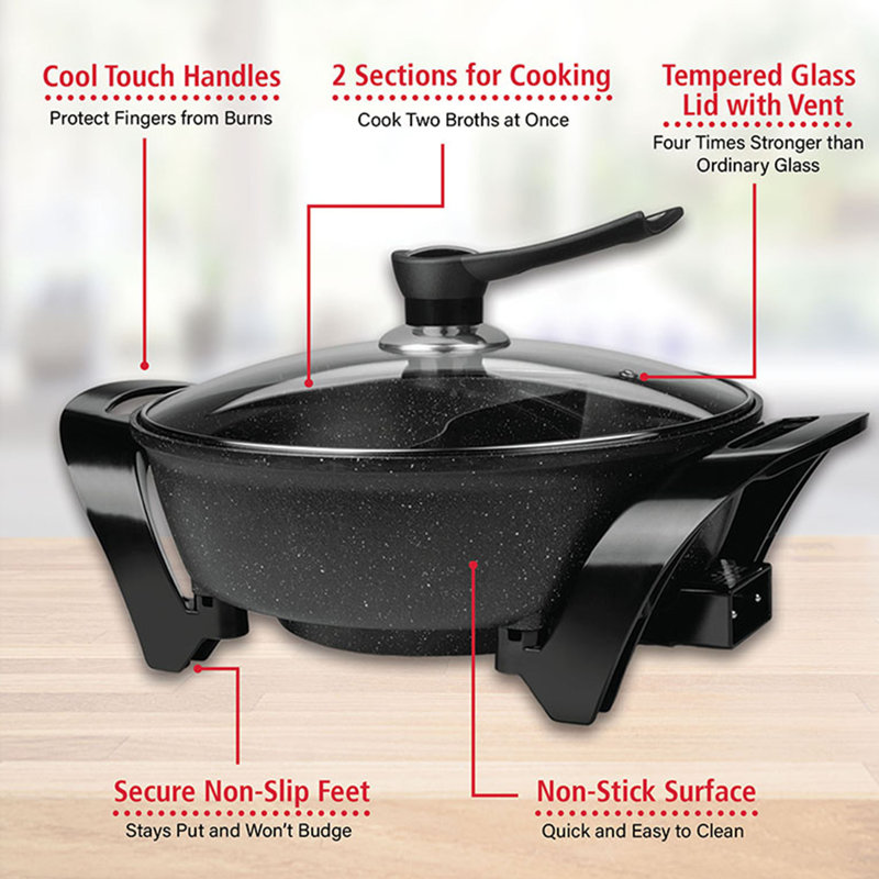 Black Electric Non-Stick Shabu Shabu Hot Pot with Glass Lid