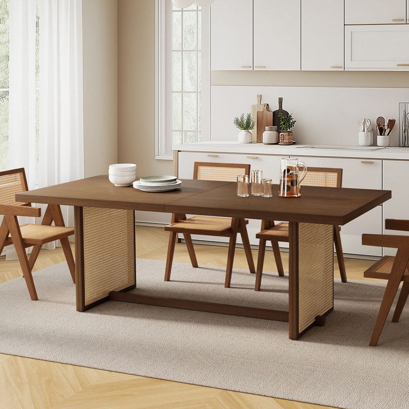 Table de salle à manger 84 "en bois massif avec base en rotin, Noyer foncé