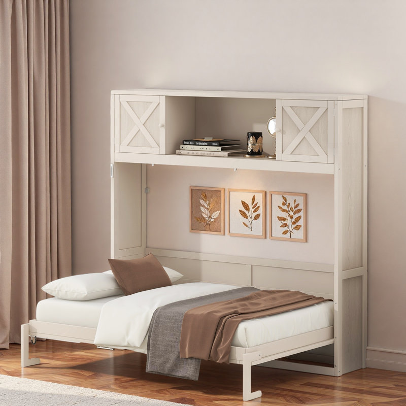 Lit escamotable rustique avec armoires de rangement et structure en bois Gaudet