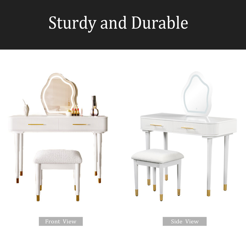 Ensemble de coiffeuse 40 "moderne avec miroir à écran tactile lumineux, coiffeuse et tabouret rembourré avec 2 grands tiroirs, blanc