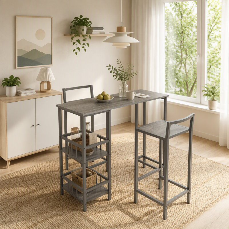 Ensemble de table de bar 3 pièces avec 2 tabourets de bar sans dossier, table de bar rectangulaire avec rangement latéral à 3 niveaux, aspect bois industriel