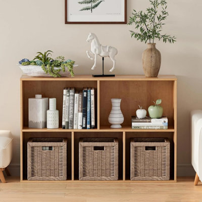 Five-Section Closed Back Bookcases, Natural Wood Storage Organizer, Modern Open Shelf Display Cabinet for Living Room Bedroom Office