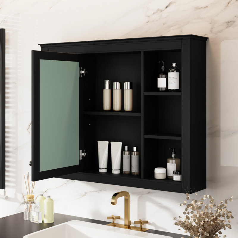 Armoire de rangement de salle de bain noire 35 po x 27,5 po, conception moderne, matériau principal, avec miroir mural 35 po x 27,5 po, solution polyvalente