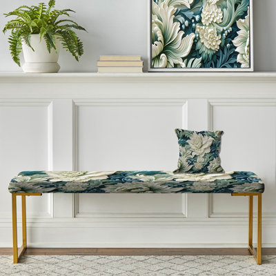Green And White Paisley Garden Dream - Damask Upholstered Gold Bench