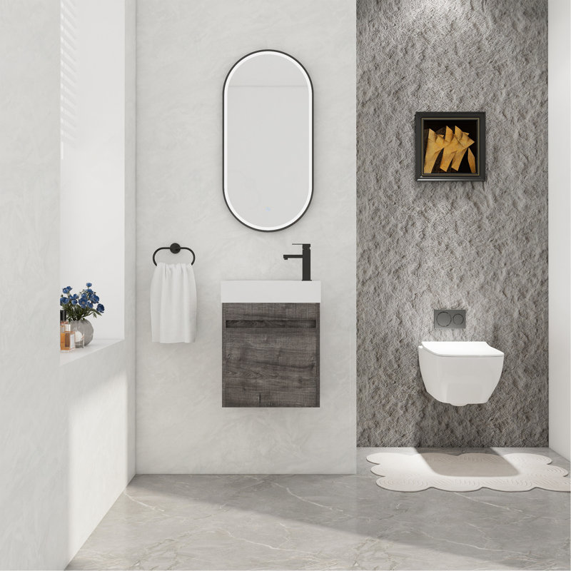 Meuble-lavabo suspendu de 45,7 cm (18 po) avec lavabo en résine blanche et porte à fermeture en douceur, Gris