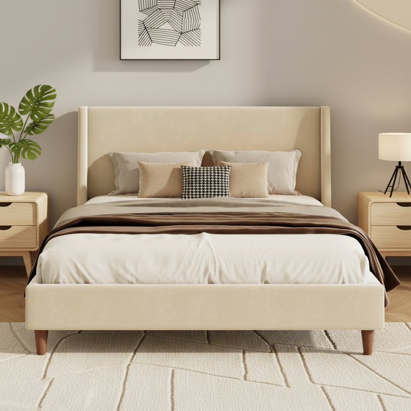 Lit plateforme tapissier moderne en velours beige avec tête de lit à oreilles et pieds en bois de noyer, sans sommier tapissier, très grand