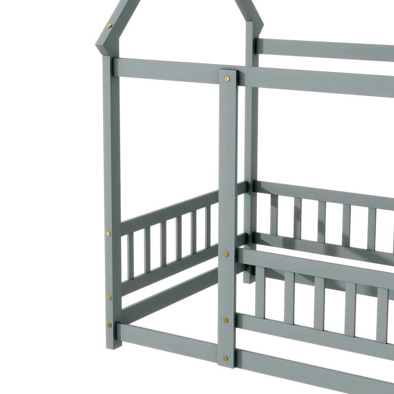 Lit en bois pour lit simple avec structure de toit, garde-corps de sécurité, Gris