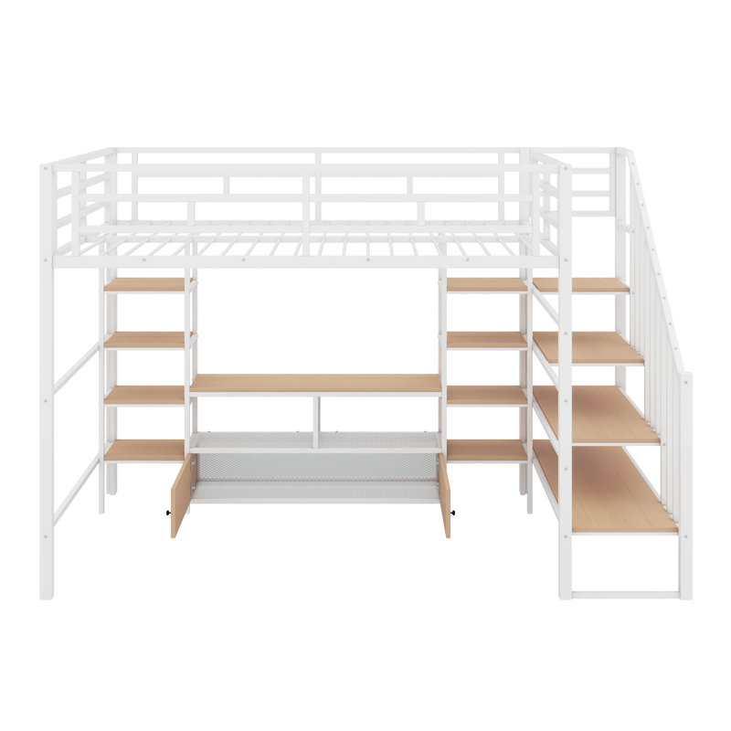 Lit mezzanine double en métal avec escalier, table et tablettes de rangement, Blanc / Naturel