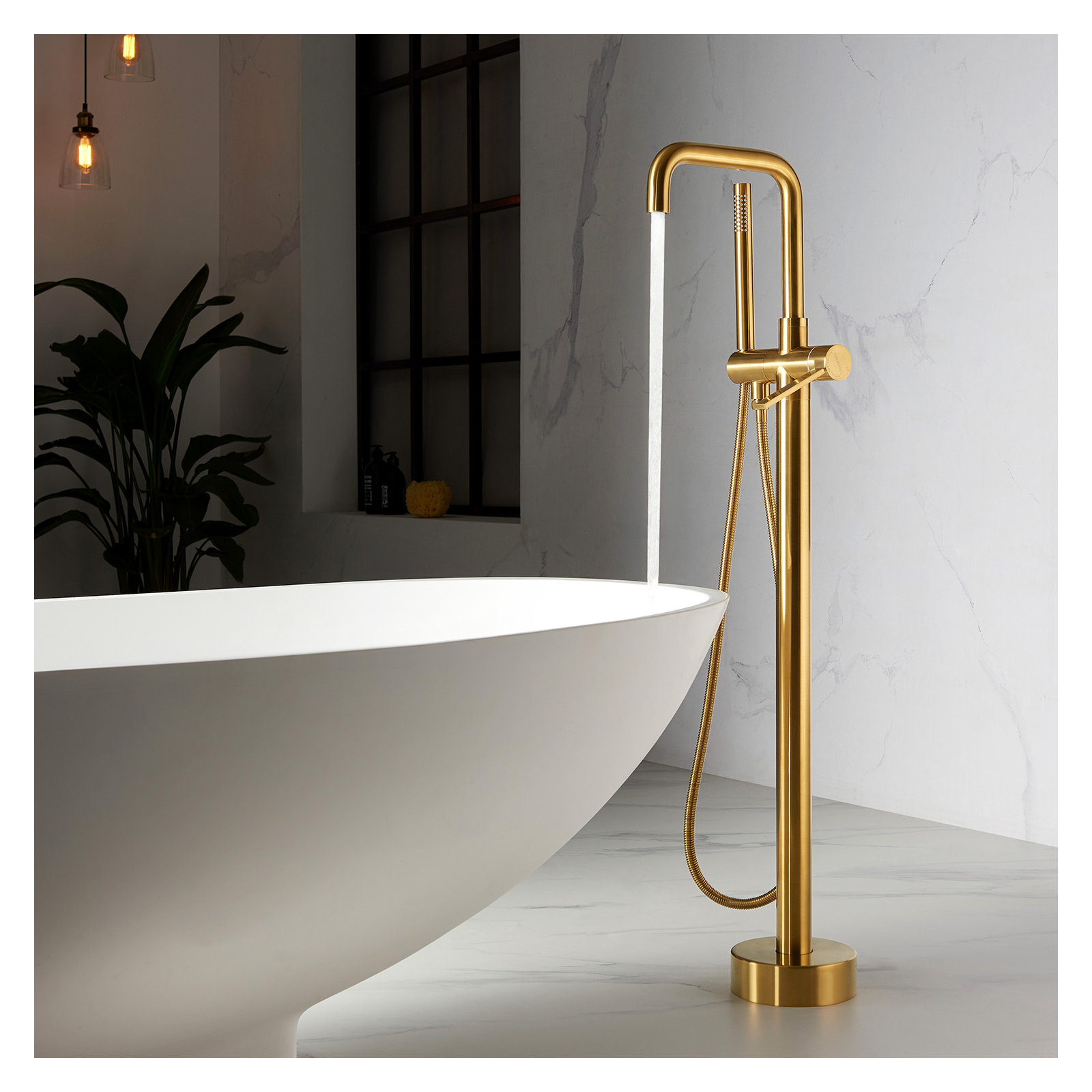 Delara Bathroom Freestanding Tub Filler with Diverter, Brushed Gold