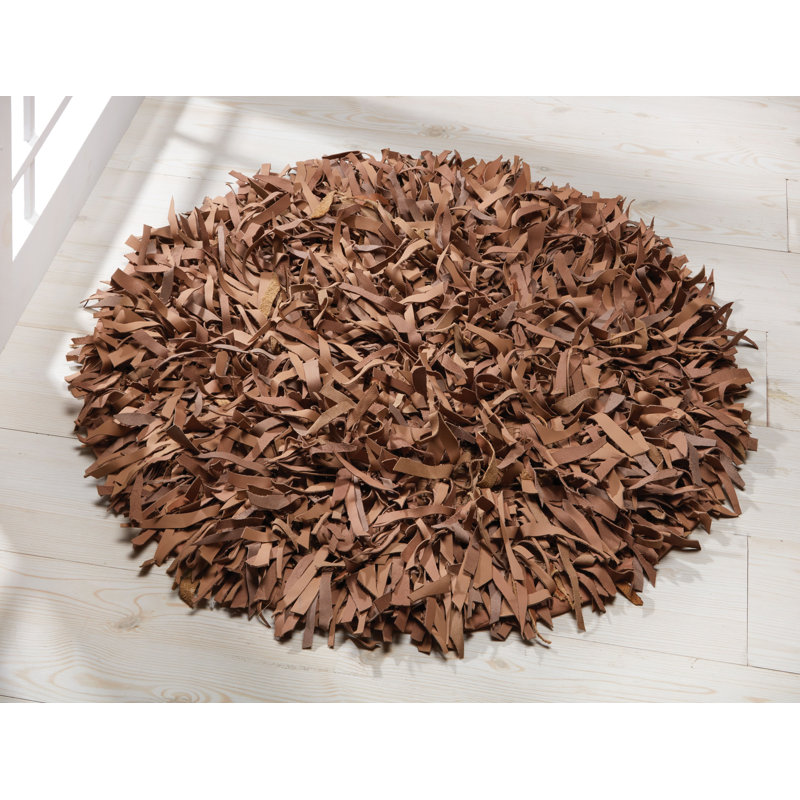 Handmade Pecan Leather Shag Round Rug 36"
