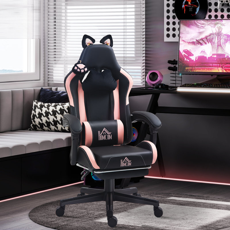  Gaming Chair with Footrest, Reclining Computer Chair, Pink, Black