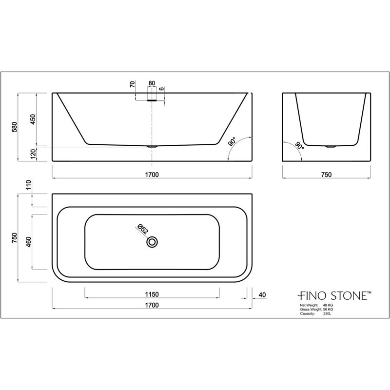 1700mm x 750mm Freestanding Acrylic Bathtub
