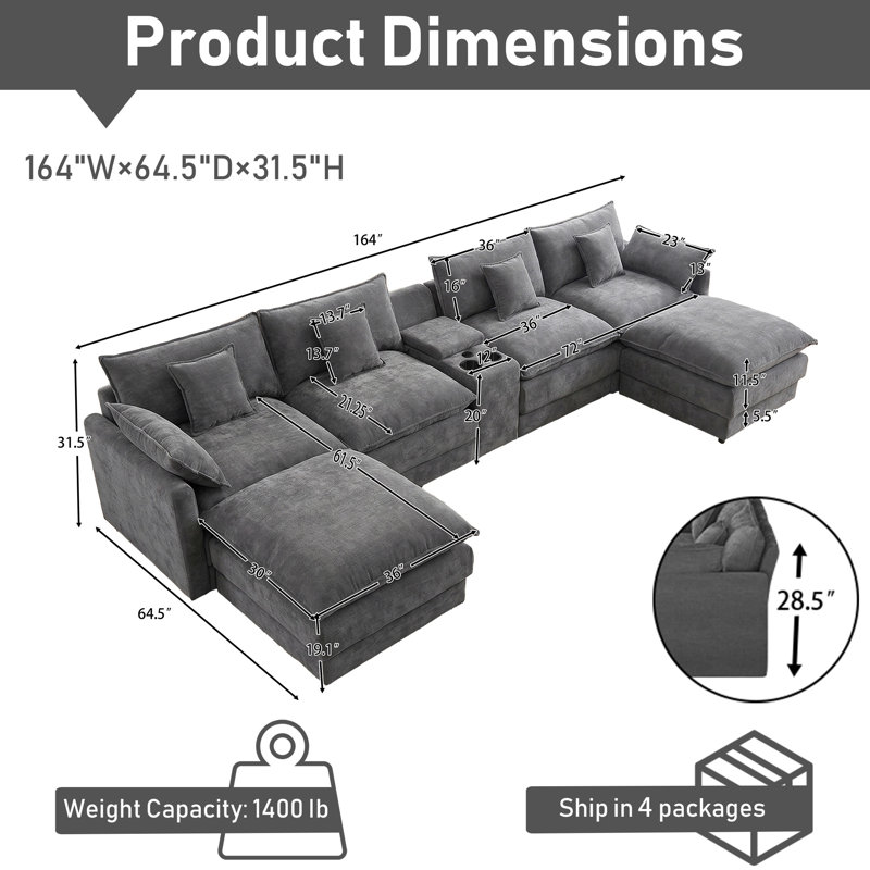 Canapé modulaire surdimensionné en chenille avec console USB et oreillers supplémentaires, Grey Chenille
