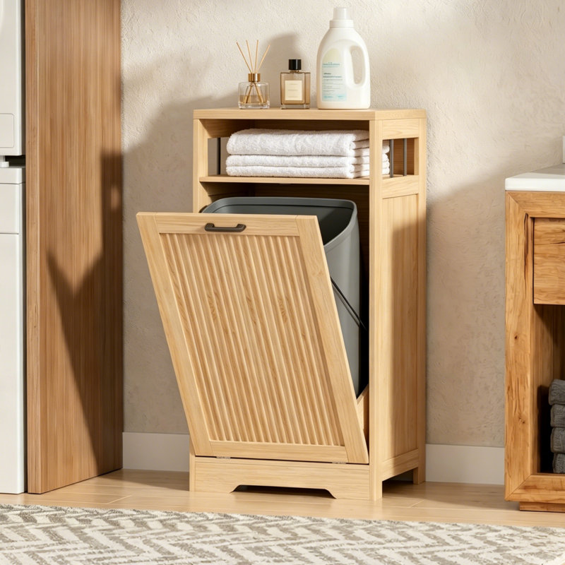 Armoire à ordures inclinable 13 gallons - Conception cannelée avec tablette de rangement ouverte, Natural Oak, 13 gal