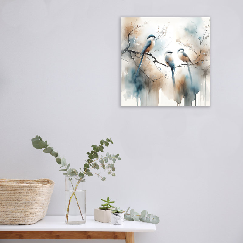 «Tranquil Elegance: Whimsical Birds on a Watercolor Branch», reproduction d'art, H 12 po x l 12 po x P 1 po