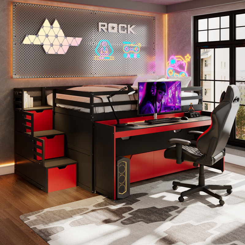 Lit double mezzanine double avec bureau coulissant, lit gigogne simple, marches de rangement et tiroirs, lit poste de travail de jeu - noir et rouge