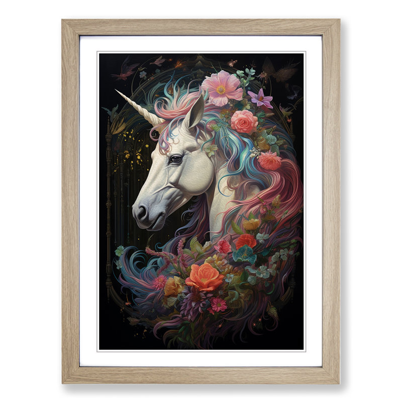 Unicorn Baroque - Single Picture Frame Print on Wood, 64cm H x 46cm W, Oak Framed