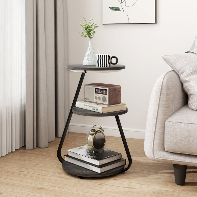 LED Light, Bedside Table End Table With 3 Shelf, 34cm Desktop Side Table, Grey