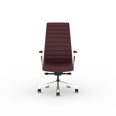 Fauteuil de direction haut dossier HON Cofi, inclinaison synchro avancée avec glissière de siège, cylindre standard, accoudoirs réglables, vinyle Contourett avec surpiqûre assortie, base en aluminium poli, bordeaux