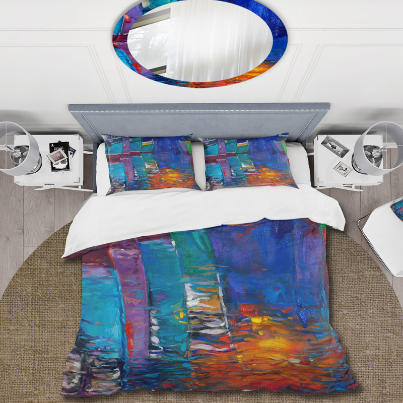 Bateaux qui se reposent sur l'eau pendant un coucher de soleil chaud - ensemble de housse de couette nautique - microfibre de polyester