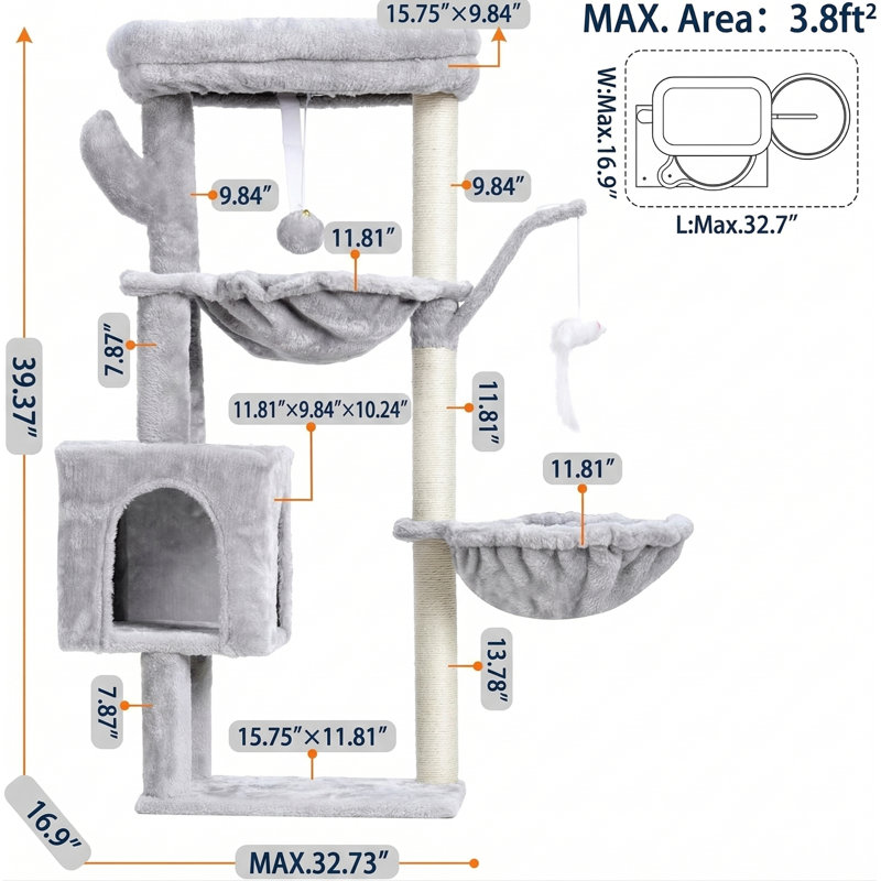 Tour pour chat 39,4 po pour chats d'intérieur, mât en sisal entièrement enveloppé, plateforme souple, 2 paniers, jouet suspendu, gris clair