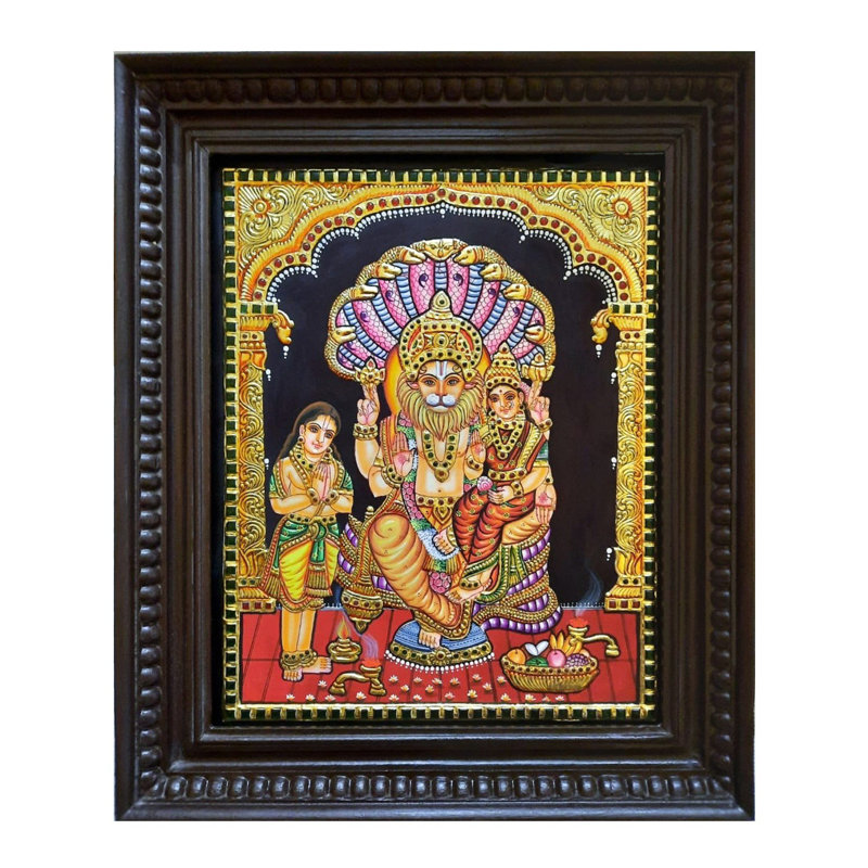 Lakshmi - Narasimha avec Bhakta Prahalad | Avec cadre | Peinture Prabhu Tanjore
