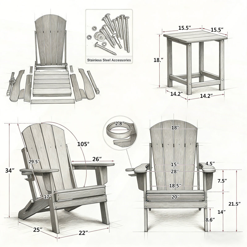 Folding Outdoor Adirondack Chair Set of 2 with Table, HDPE All-Weather, Ergonomic Design for Patio, Deck, and Garden, Gray