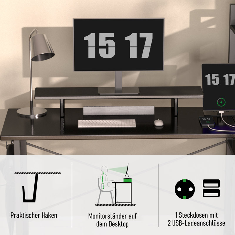 Gaming L Shaped Computer Desk, 55" Home Office Desk with Shelves, L Shape Computer Corner Desk with Charging Port, Gaming Table Power Outlet Build in, LED Writing Desk with Monitor Stand Black