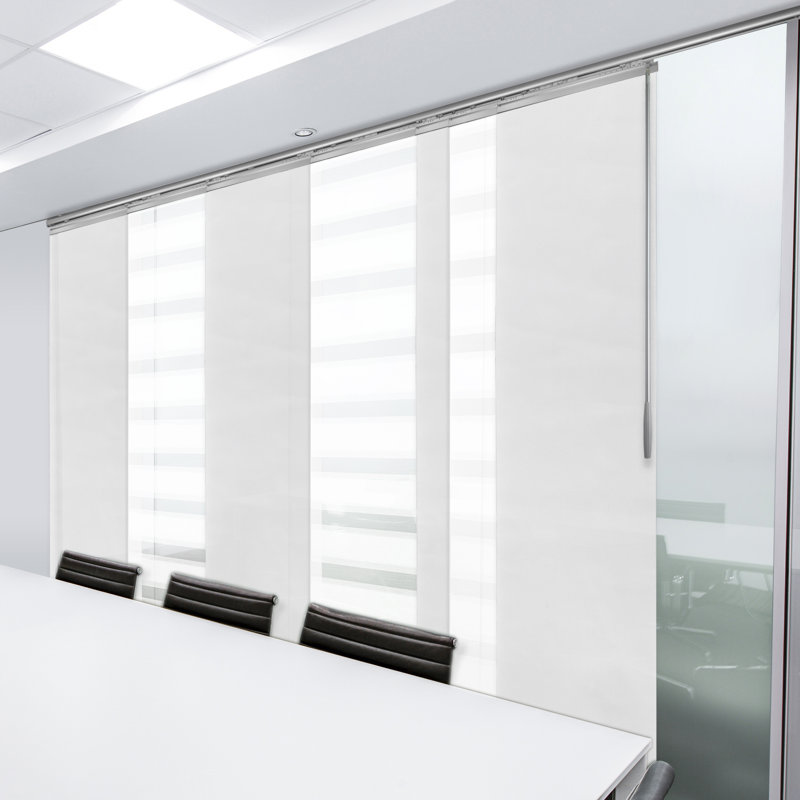 7-Panel Single Rail Panel Track Extendable 110"-153" W x 94"H, Panel Width 23.5", Macadamia, Chiffon, Satin Nickel