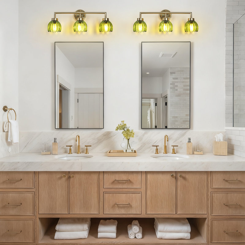 Glausen 3 - Light Black Wall Sconces Bathroom Vanity Lights With Tulip Green Glass Shade, Brass, 3