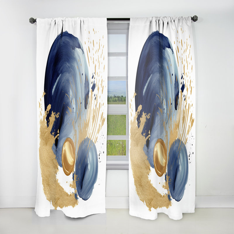 Merity Dark Blue, Gold Abstract Circle Texture I - Modern Velvet Curtain - Room Darkening - 1 panel, 52" W x 90" L