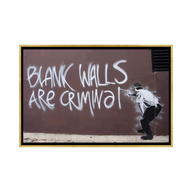 Les murs vides sont des motifs criminels, H 26 po x l 40 po x 1,5 po, Toile encadrée d'or, Pas de tapis