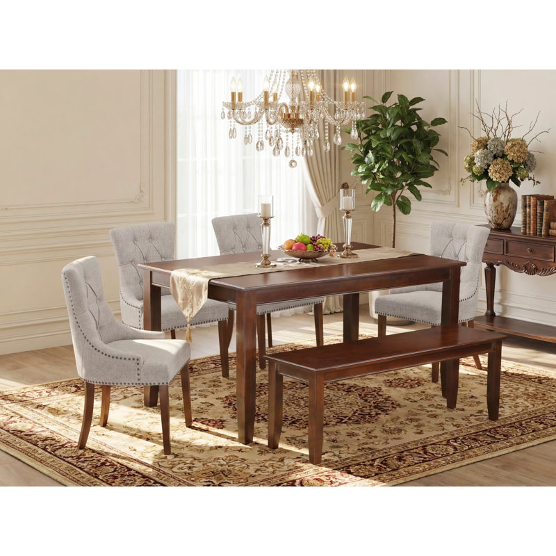 6 Piece Dining Table Set Contains a Rectangle Dining Room Table and 4 Doeskin Linen Fabric Upholstered Chairs with a Bench, Mahogany