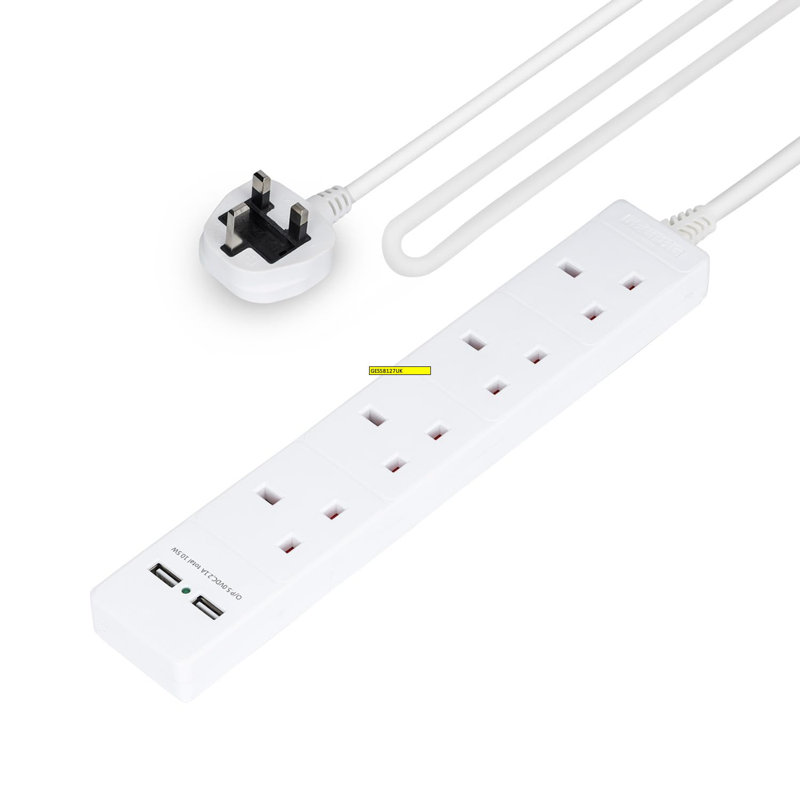 GEEPAS 4 Gang Extension Lead, 2M Cable | 4-Way Plug Extension Cable | Wall Mountable & Multi Socket Power Mains Strip With 2 USB Ports For Home Office | Heavy Duty UK Plug | White