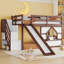 Lit mezzanine en bois double avec étagères, escalier de rangement, glissade, fenêtre et éclairage DEL-765040973