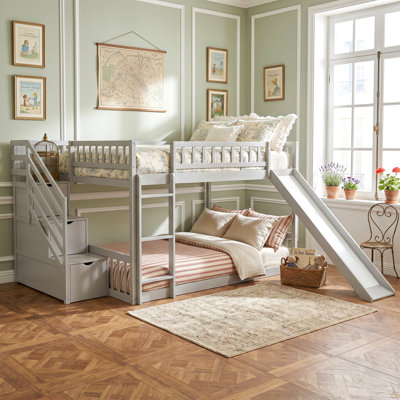 Stairway Full over Full Bunk Bed with Three Drawers and Slide, Gray