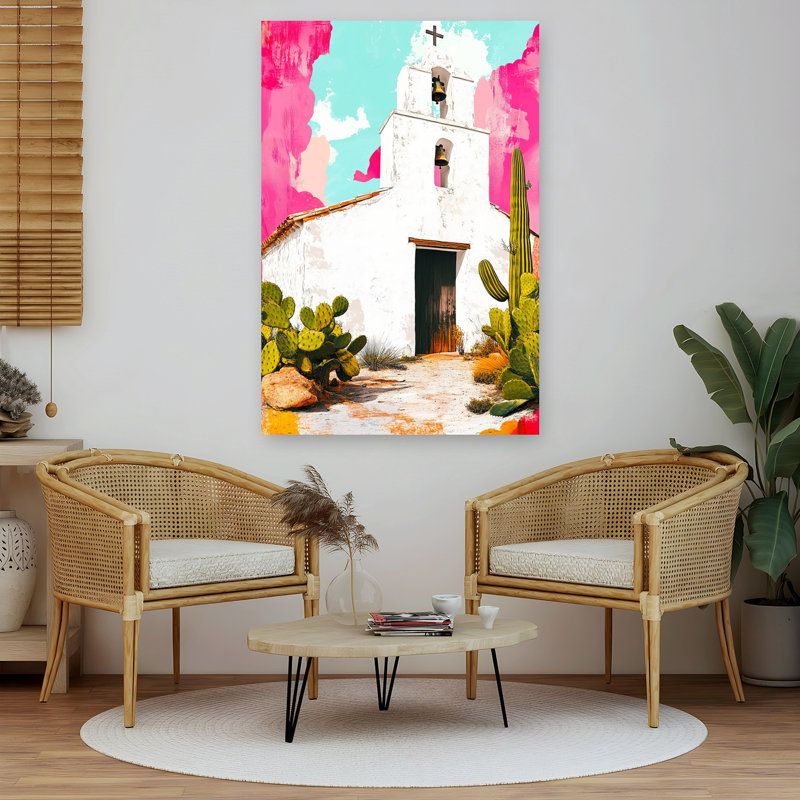 Vibrant Desert Mission Colorful Rustic Serene Cactus Architecture Landscape Wall Art Print 1 Piece Wrapped Canvas Wall Art