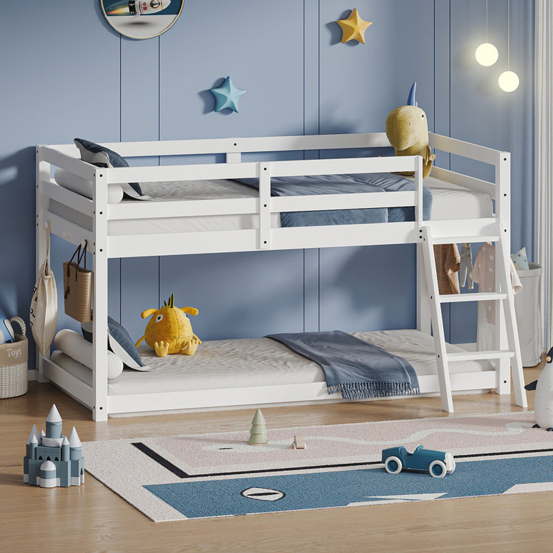 Twin Low Loft Bed - Convertible To Bunk Bed, Solid Wood Modern Bed Frame With LED Strip Lighting, White., White