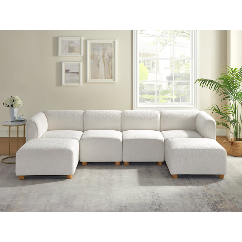6-Piece U-Shaped Symmetrical Sectional Couch Upholstered Sectional Sofa With Portable Ottomans, White Polyester