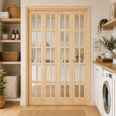 60"x80" 10-Lite Double Bi-Fold Door Clear Glass And Solid Wood With Installation Hardware Kit Unfinished surface