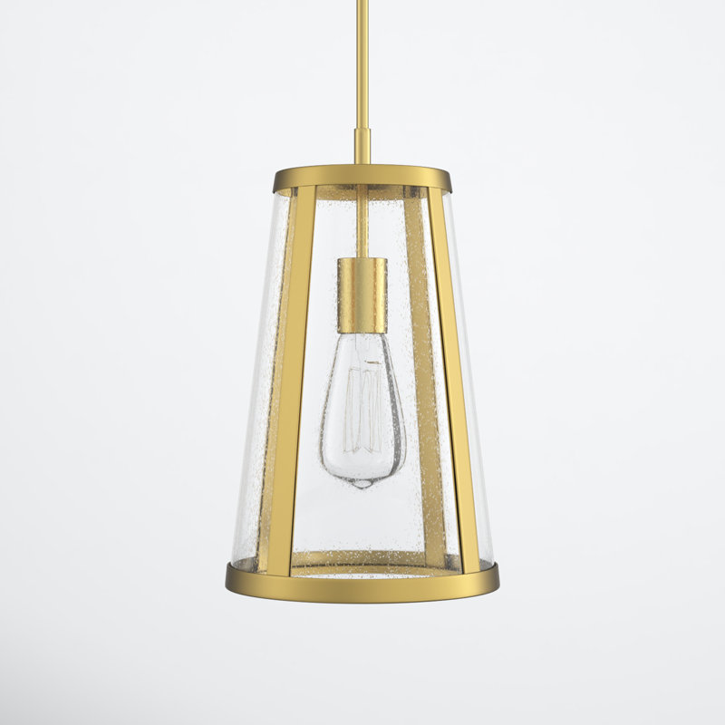 Burnished Brass Cone Pendant Light with Seeded Glass Shade