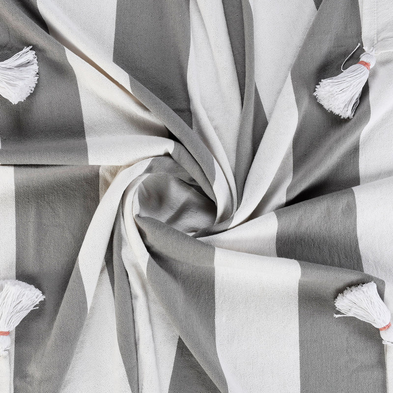  Jeté rayé 100% coton avec pampilles, Gris / rayures blanches 2