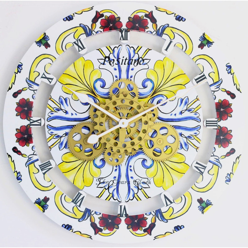 Positano 24'' Multicolor Wood and Metal Wall Clock with Moving Gears