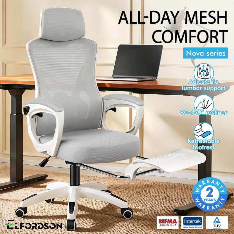 17 Stories Mesh and Foam Padding Office Chair with Headrest, Grey, White